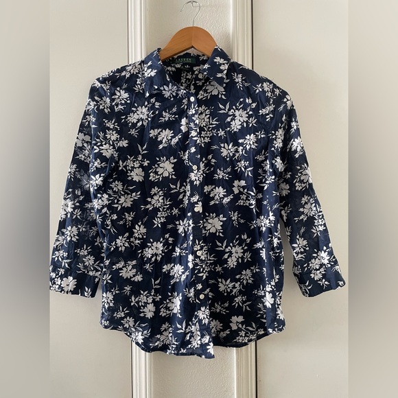Tops - Lauren Ralph Lauren Women's Button Up  Blouse Sz M Blue/White Floral 3/4 Sleeves